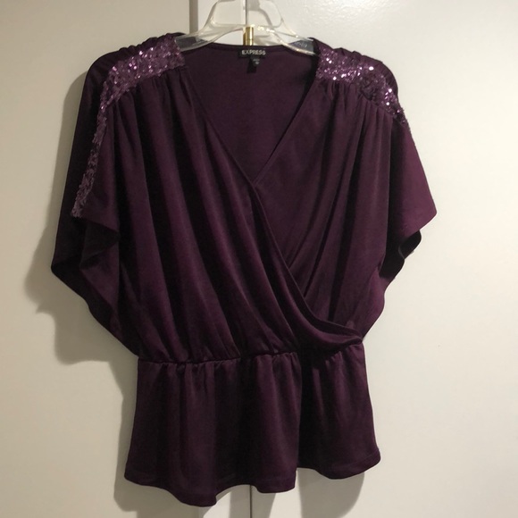 Express purple sequin shoulder surplice peplum top - Picture 9 of 13